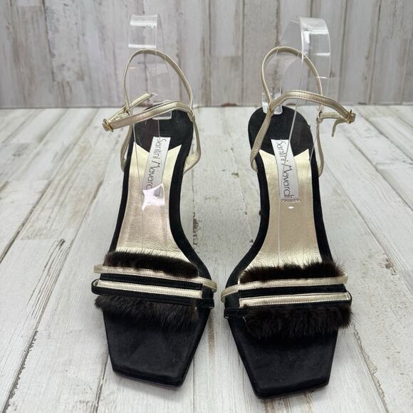 Santini Mavardi Black Suede Real Fur Trim Unique Gold Heels Designer Sz 40 US 9 - Picture 10 of 13